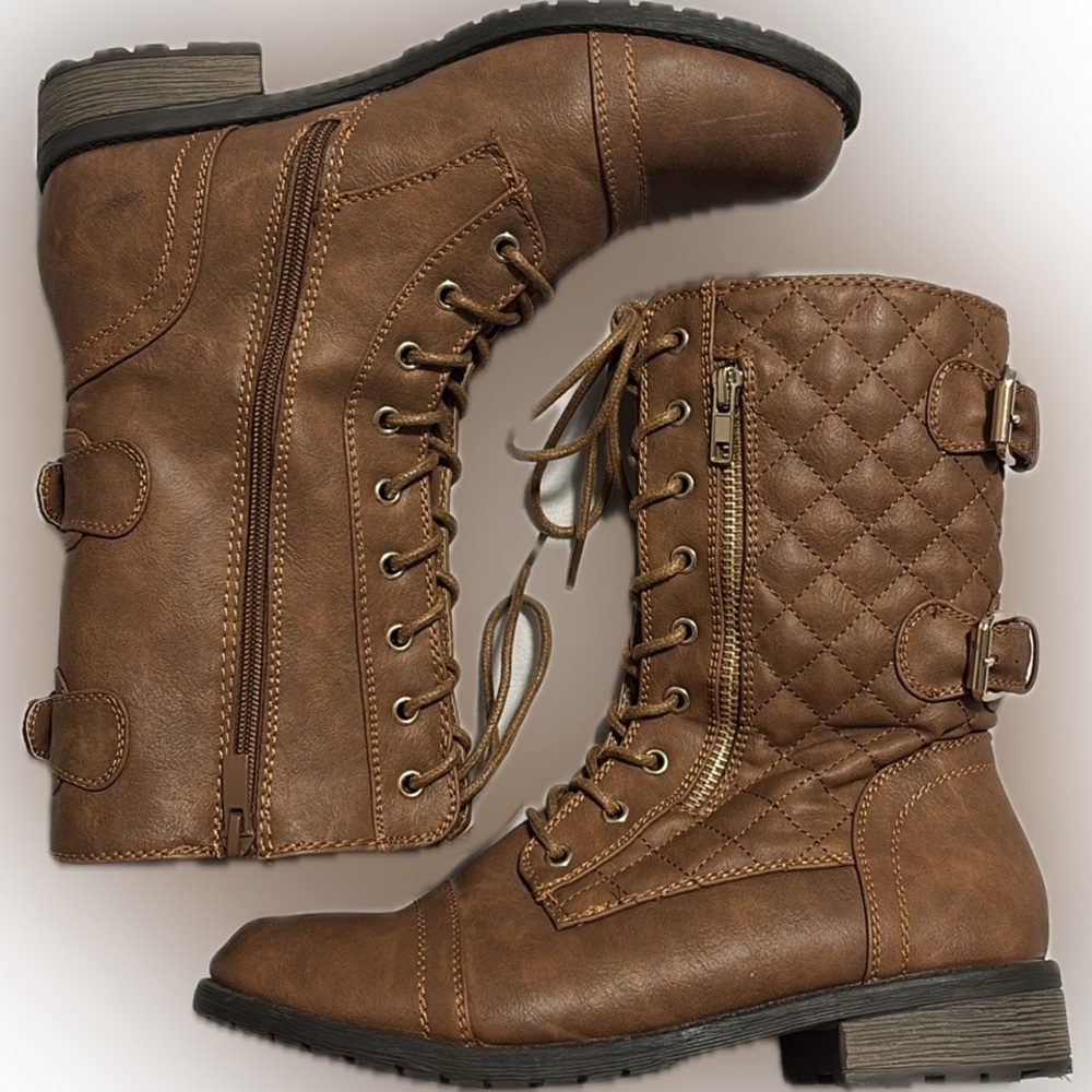 Forever Womens Mango-79 Military Leatherette Dual Buckle Zipper Lace Up Mid Calf